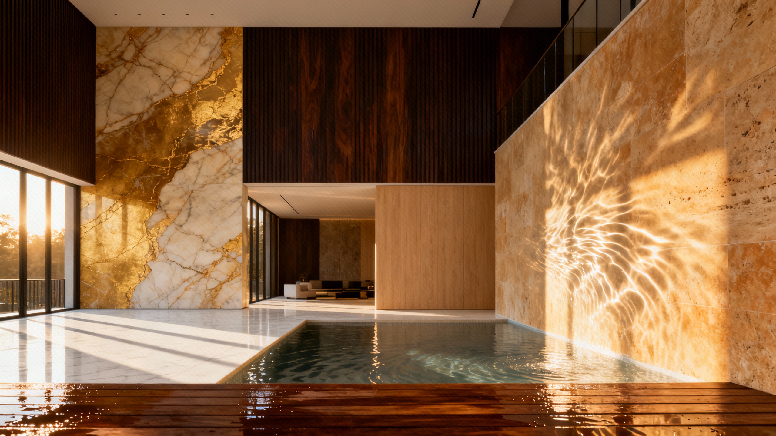 Amenity level at golden hour, travertine, walnut and a still pool. Built from the tower’s real section drawings; the light is oriented to the building’s true solar path.