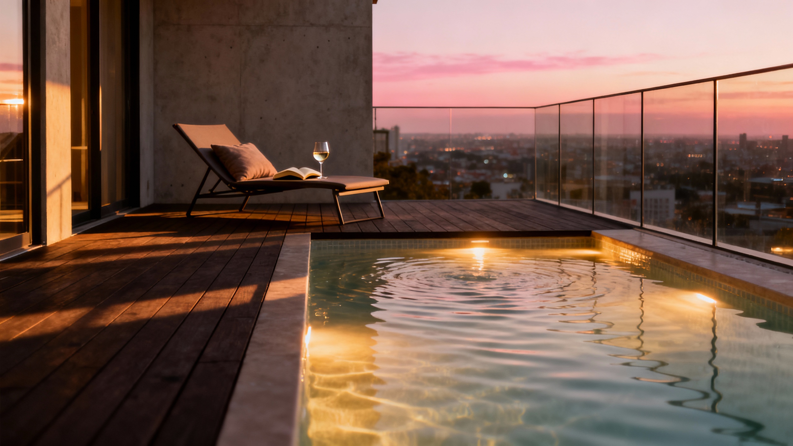 Private terrace pool at dusk, the unit’s real balcony depth and balustrade, the city below it the actual view cone from that floor.
