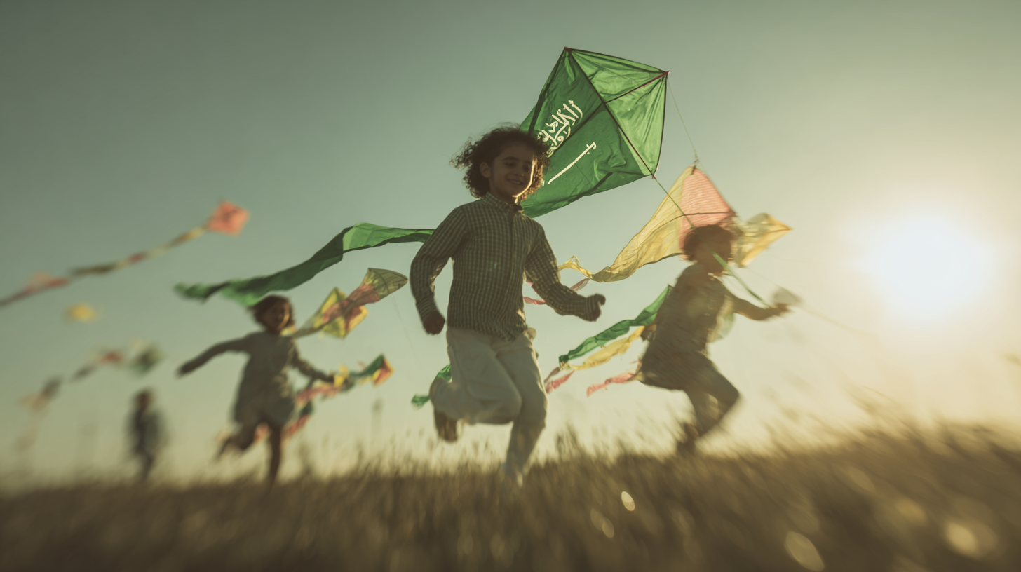 The future, running, children with a flag-kite at golden hour. The system exists so a moment this simple can be made to feel this true.